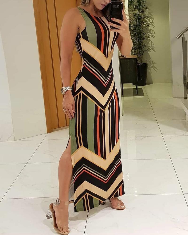 

2020 Women Fashion Elegant Summer Round Neck Sleeveless Sexy Maxi Dress Colorful Striped Print Side Slit Maxi Dress, Multi