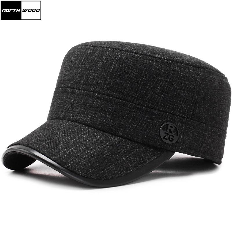 

NORTHWOOD] Brand Winter Hat Thicken Flat Top Caps Men's Hats Cotton Army Cap With Earflaps Outdoor Bone Casquette, Black