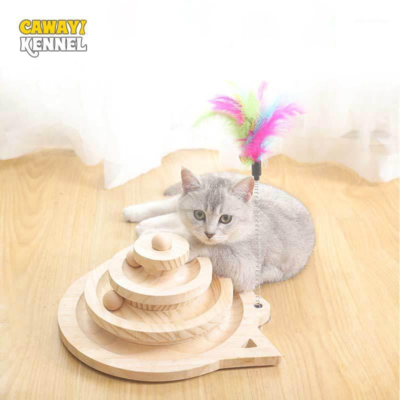 

CAWAYI KENNEL Solid Wooden Pet Cats Toys Loop Track with Wooden Balls Three-layer Scraper Board Funny Cat Turntable D21061