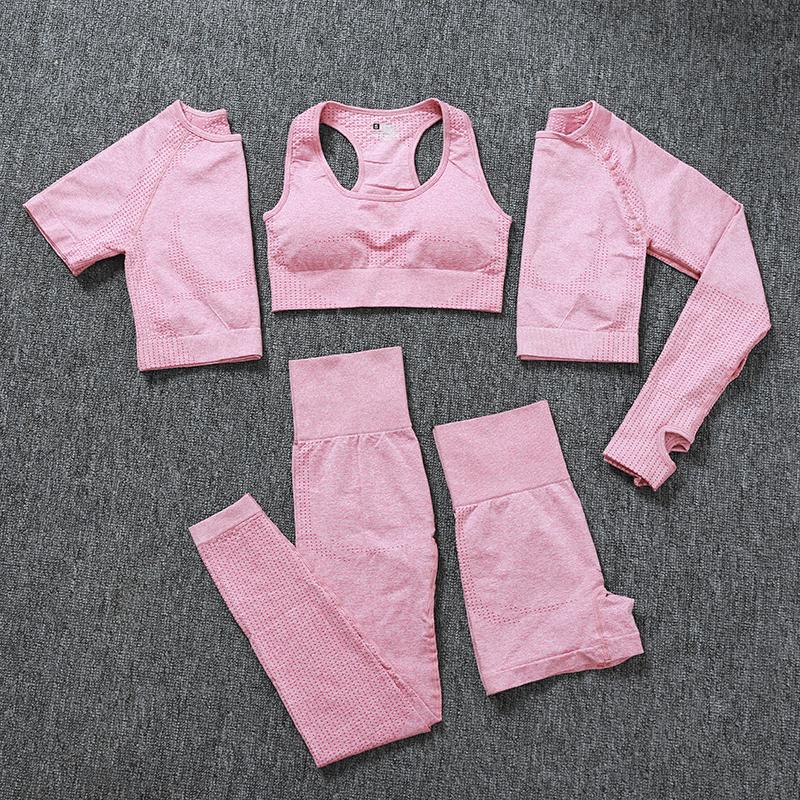 

Women Seamless Sports Suits Fitness Yoga Set 5 PC Long Sleeve Crop Top Short Shirts High Waist Leggings Running Shorts and Bra, Gray 2pc
