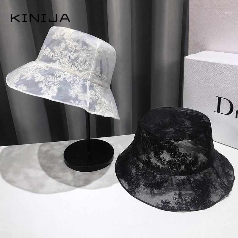 

women Panama Lace Transparent Embroidered bucket hat girl Flower Sun Hat Korean Fisherman Cap Japanese beach solid basin1, White