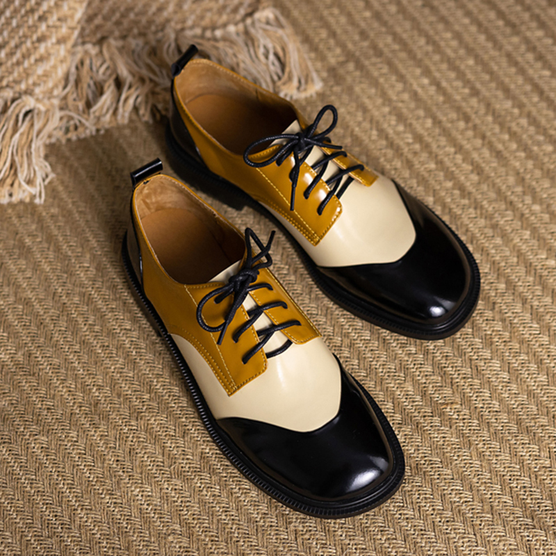 

2020 Oxford Straight Low Spring Heels Shoes for the Genuine Woman Brogues Vintage Leather Moccasins Casual Onhj, Black