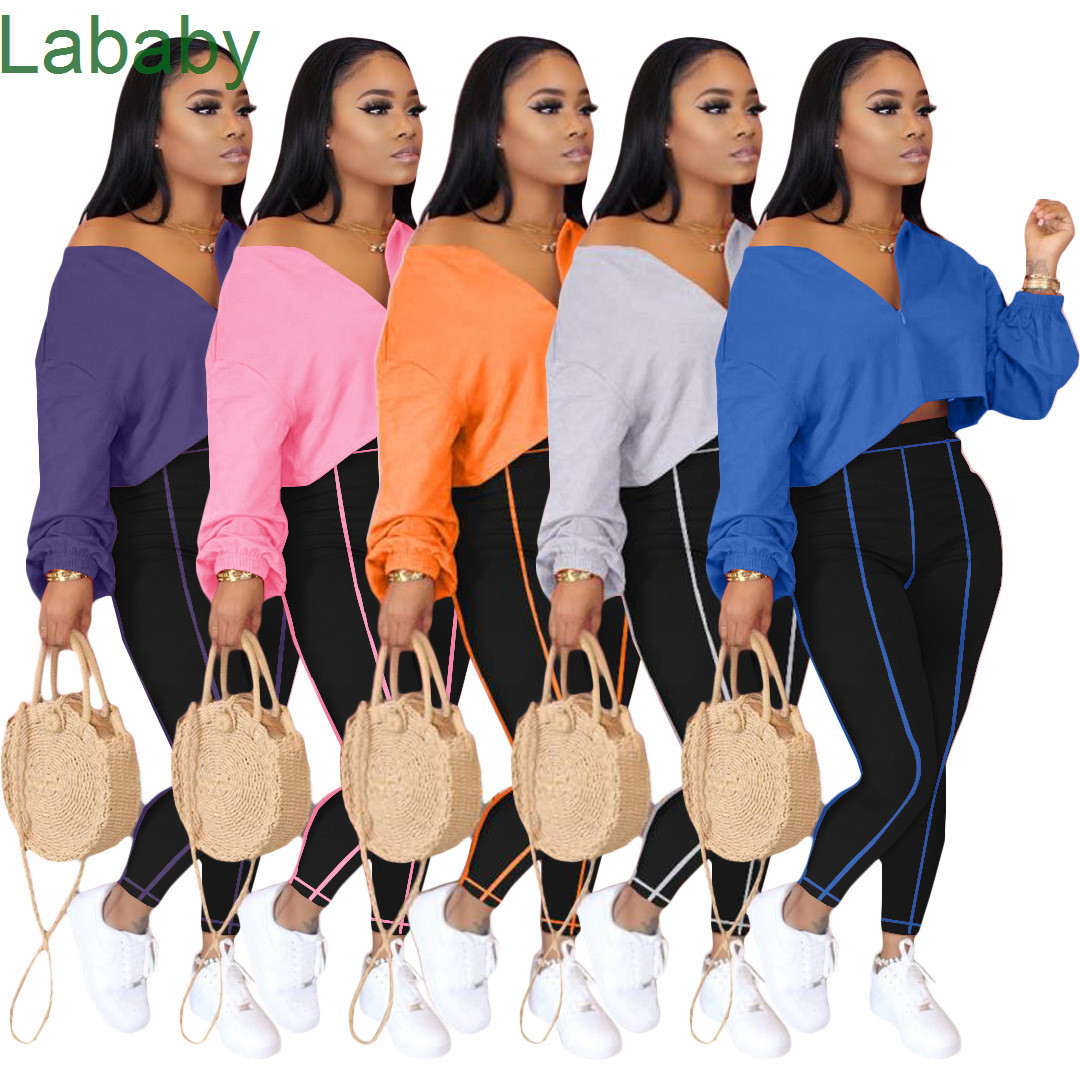 

Women Two Pieces Outfits Sexy V-neck Strapless Bat Lantern Sleeve Top Trousers Hot Selling Ladies Cacual Fashion Color Line Sportwear 2021, Light gray