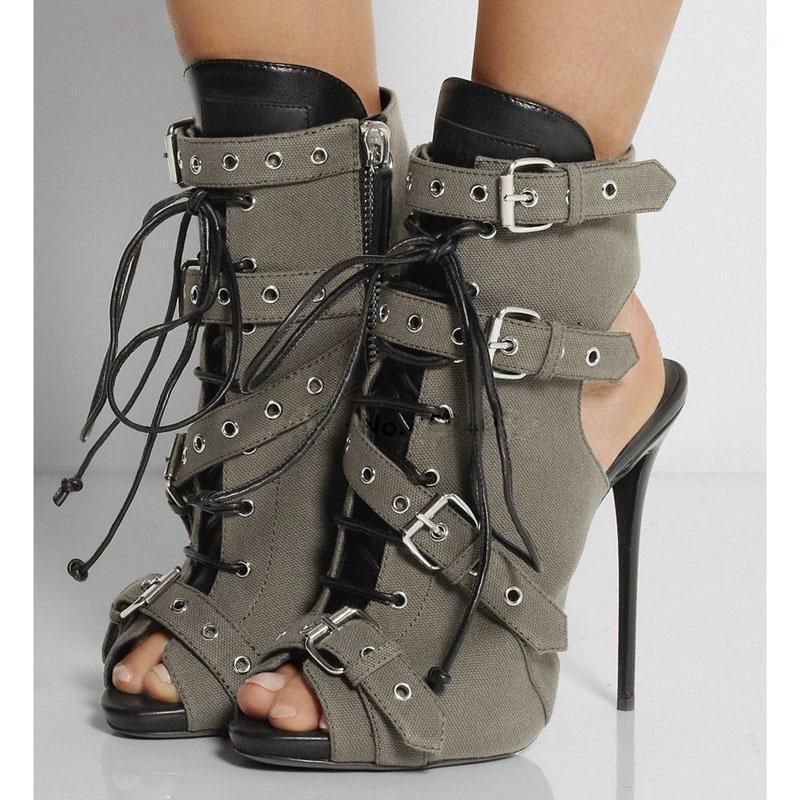 

Gladiator Cloth Patchwork Lace Up Slingback Boots Women Buckle Strap Thin High Heels Peep Toe Ankle Boots Fashion Women1, Army green