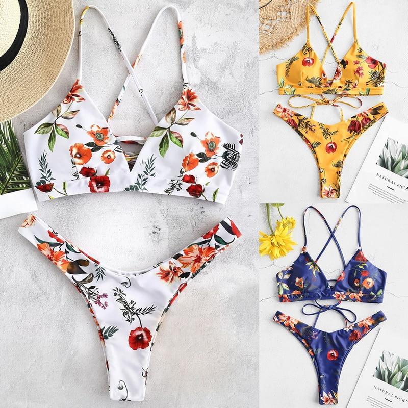 

2020 Women Sexy Bikini Set Lace Up Floral Print Bandage Swimsuit High Waist Thong Brazilian Biquini swimwear Summer Beach Wear1