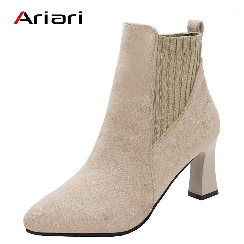 

Ariari Women Boots Ankle Short Boots Flock Pointed Toe 7CM Thin Heels Winter Booties Woman Elastic Slip On Women1, Black