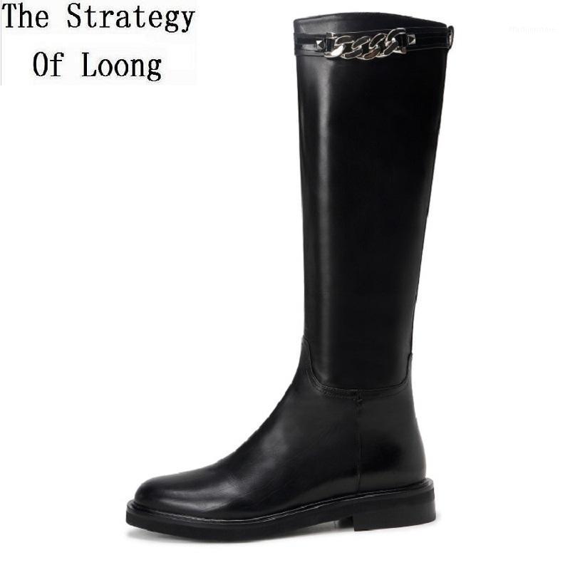 

Spring Autumn Women Genuine Leather Chic Metal Chain Knee-High Equestrian Boots Winter Ladies Plush Long Knight Boots 1912271, Spring autumn black