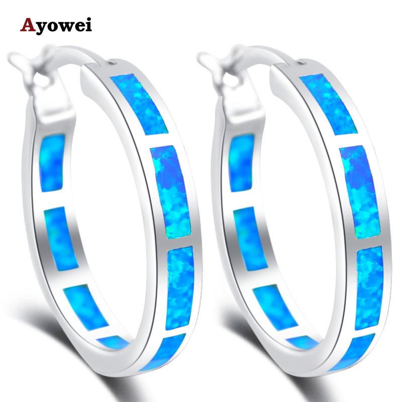 

925 Sterling silver wedding gift Round earrings Blue Fire Opal Silver Hoop Earrings Fashion Jewelry SE33A