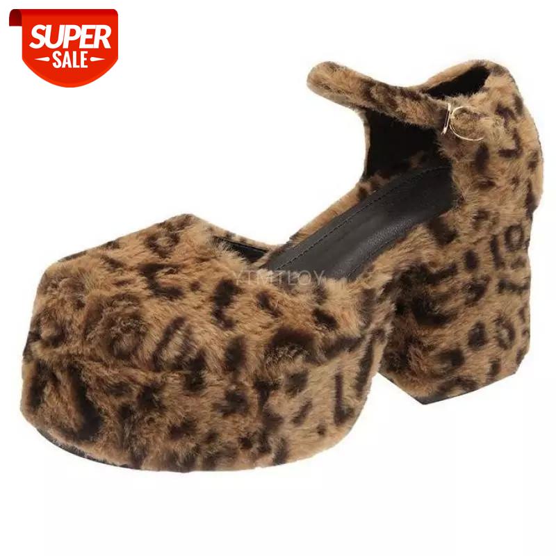 

Womens Round Toe Leopard Furry Fur Platform Pumps Block High Heel Shoes Real Leather New 2021 Zapatilla Mujer #757C, Black