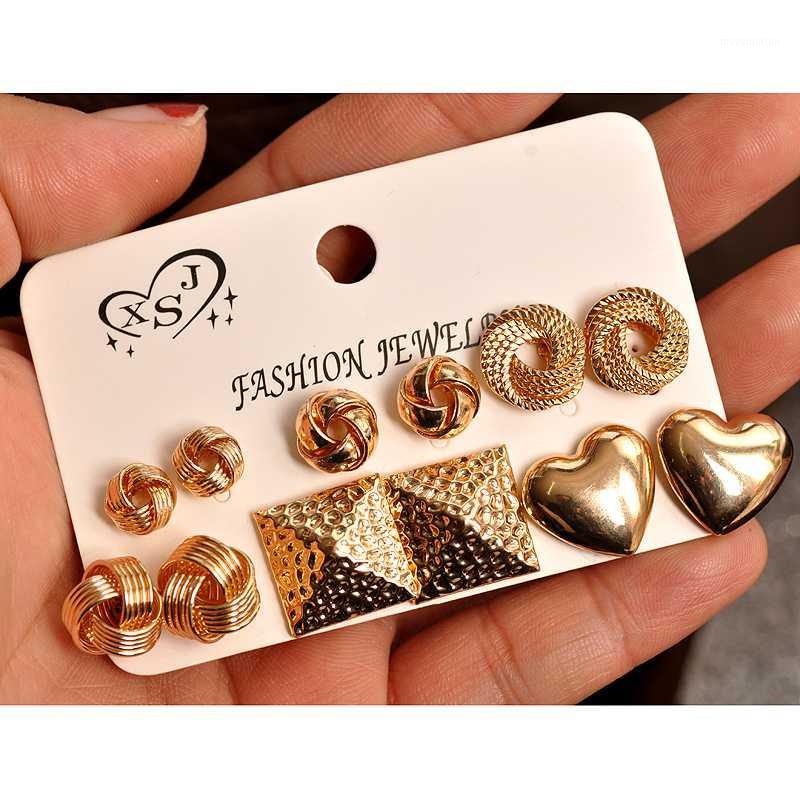 

New Fashion Women Jewelry Wholesale Girls Birthday Party Golden Flower Heart Shape Beautiful and Beautiful 6 Pairs / Set Earring1