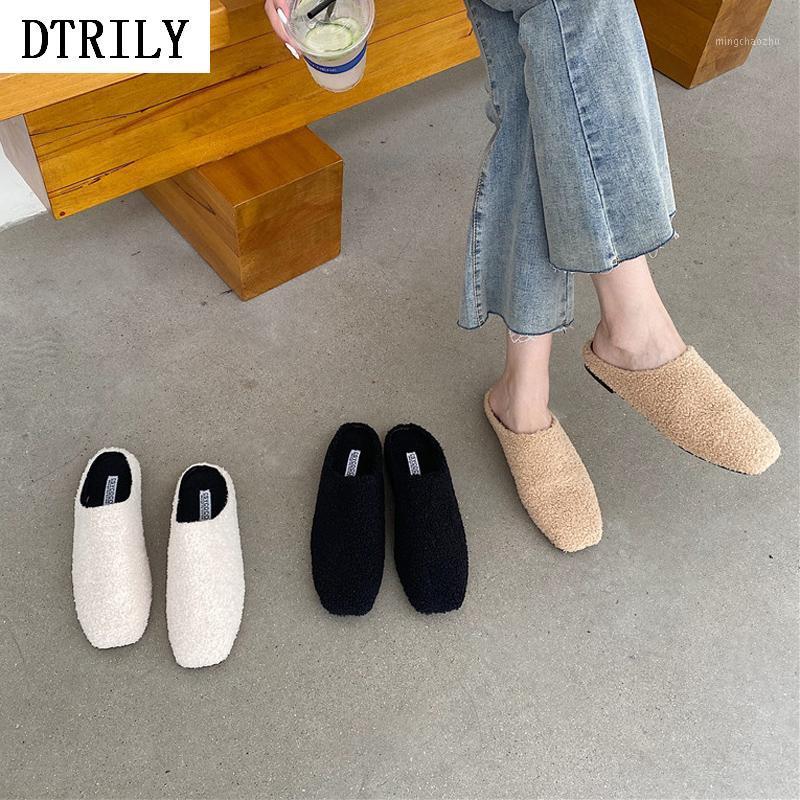 

2020 Fur Flats Mules Women Casual Slip on Shoes Square Toe Slippers Autumn Winter Furry Slides Flat Loafers New Sandalias Mujer1, Black