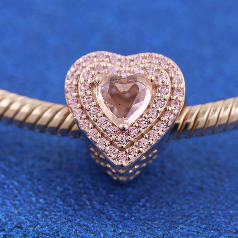 

Factory wholesale Rose Gold Metal Plated Sparkling Silver Levelled Heart With Pink Crystal Charm Beads Fits All European Jewelry Bracelets Necklaces