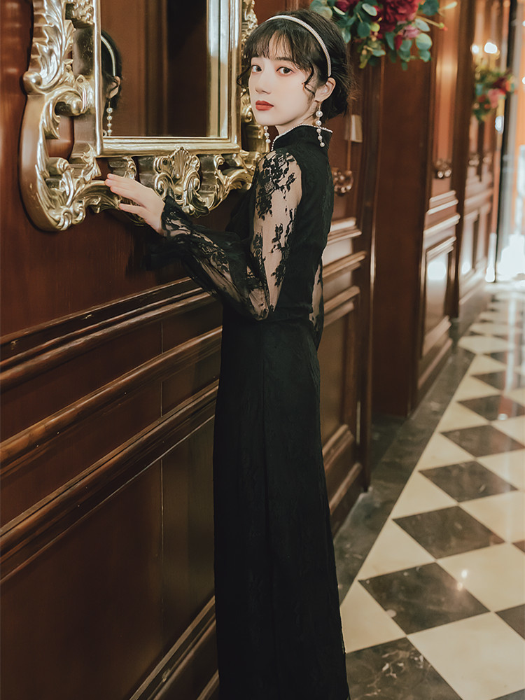 

Dressed As a Party at Night Long Chinese Style Cheongsam Short Sleeve Sheath 2021 Summer Dress in Black Female K3tz, Blue