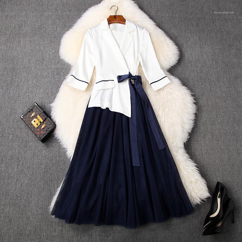 

Women 2020 summer blazer dress elegant 3/4 sleeve color block bow tie waist patchwork mesh dresses1, See chart
