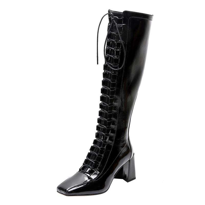 

2020 New Square Toe Stretch Knee-High Boots Patent Leather High Heel Croee-Tied Women Shoes Spring Autumn Botas Feminina 7.5CM, Black
