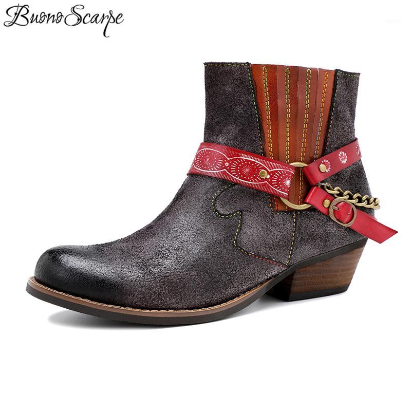 

Ankle Boots Genuine Leather Boots Metal Chains Short Ethnic Femal Western Botas Mujer Bohemian Shoe1, Blue-brown