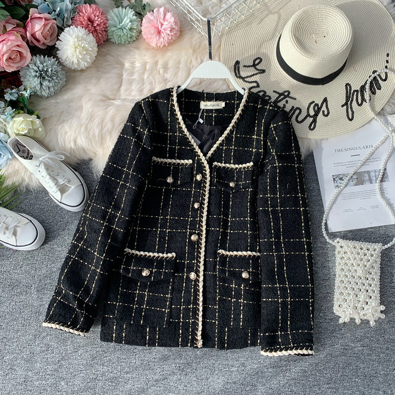 

2021 New Women's Retro Tweed with English Style V-style Cleavage Plus Size Korean Autumn Elegant Loose Black Wool Jacket Lurex Chess 792K