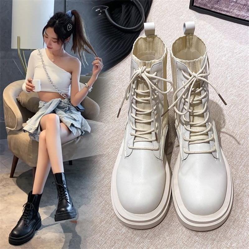 

2020 Spring Autumn Women's Ankle Boots Thick Bottom Casual Lace up Sport boot Women Comfortable Wear-resistant non-slip Shoes1, Creamy-white tube