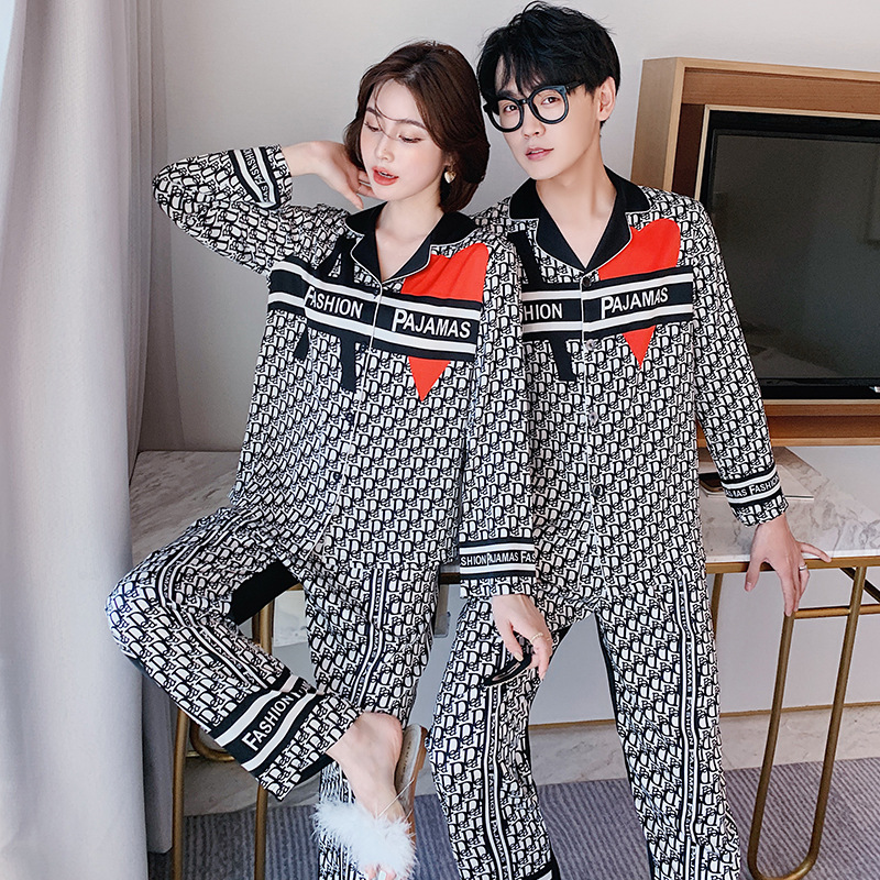 

Letter Print Pajama Set Women Simulation Silk Home Pajamas Set Ladies Long Sleeve Satin Pajama Set, As pic