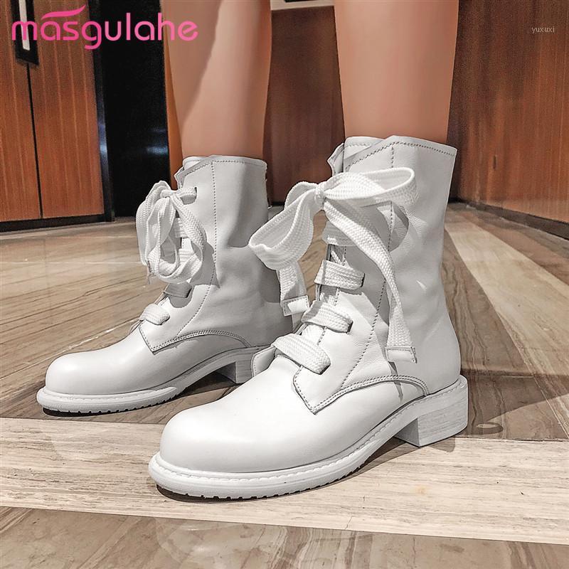 

Masgulahe 2020 winter autumn riding boots women casual dress shoes round toe genuine leather boots lace up ladies ankle1, Black