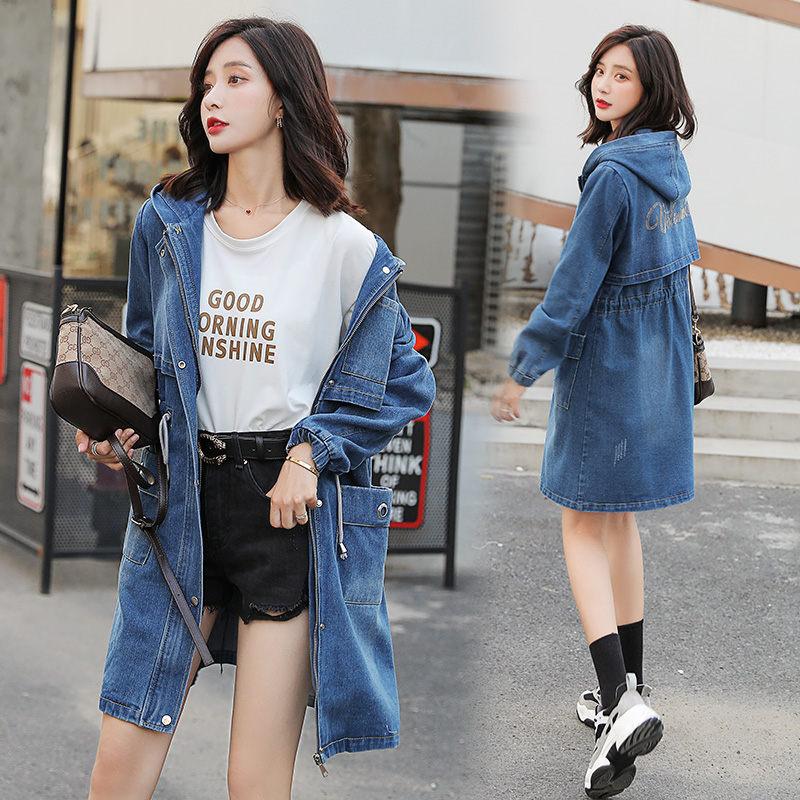 

Denim Trench Coat Women's Long-sleeved Spring Mid-length Korean Cardigan Large Size Loose Casual Jaqueta Coat Hooded Slim f2923, Blue