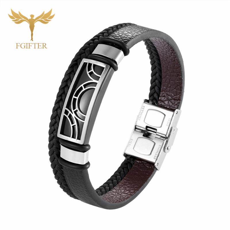 

2020 New Men's Leather Bangle Irregular Line Pattern Bracelet Braided Rope Stainless Steel Safety Buckle Charm Male Jewellry