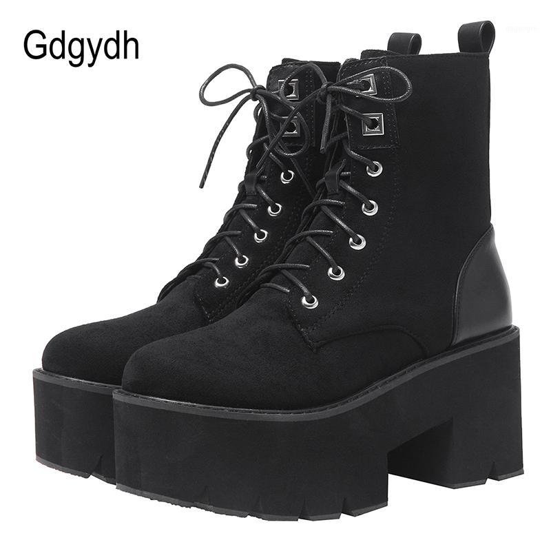 

Gdgydh Lace Up Motorcycle Boots Autumn Punk Boots Women Platform Winter Shoes Plush Inside Square Heel Suede Leather Promotion1, Black shoes