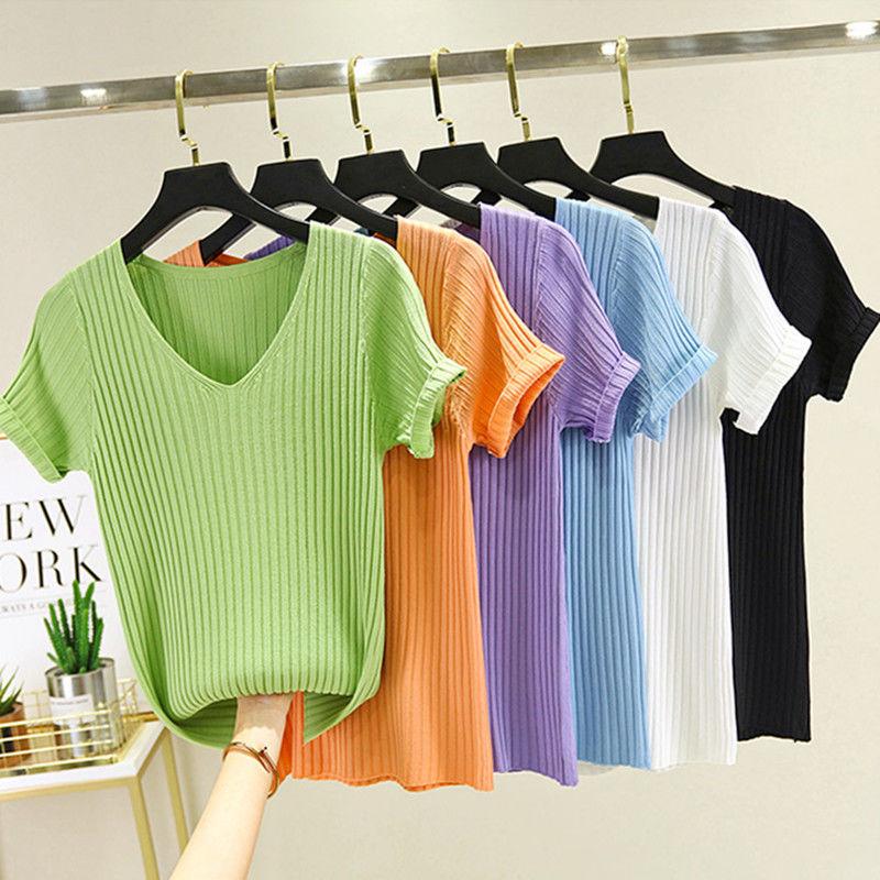 

Women Short Sleeve T-shirt Sexy V-Neck Slim Summer T Shirt Beach Tops Stretch Knitted Fashion Casual Solid Color Cool Thin, Purple v-neck