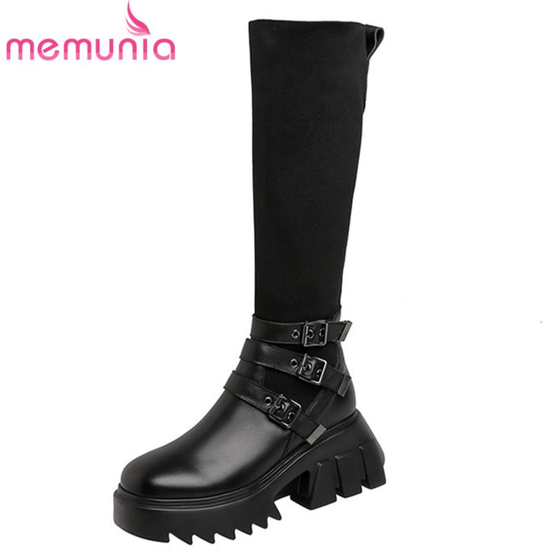 

MEMUNIA 2021 hot sale genuine leather stretch boots women thick heel fashion casual shoes buckle autumn knee high boots woman, Black