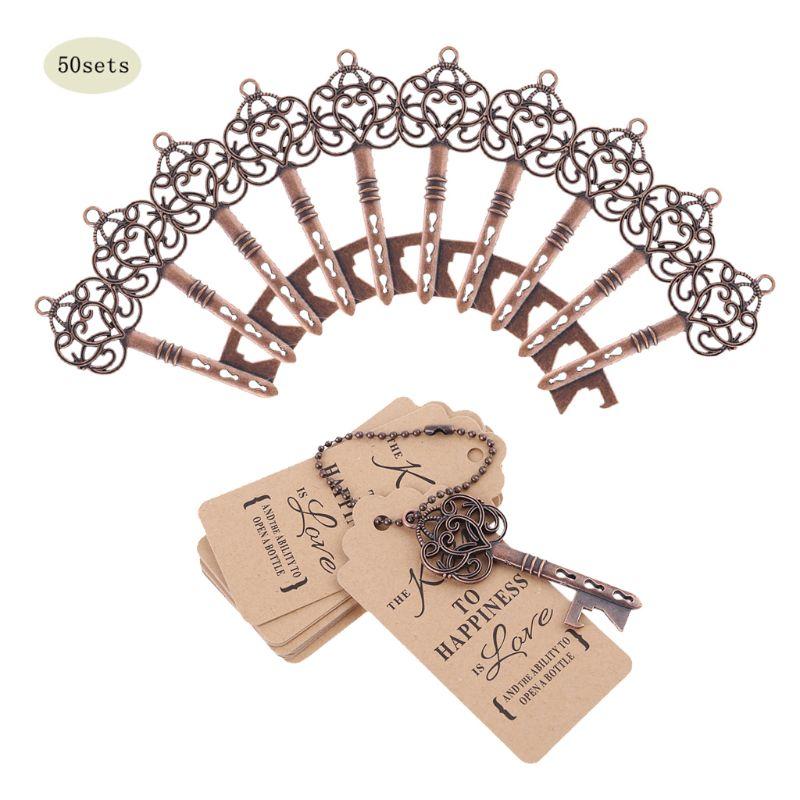 

50Sets Vintage Key Shape Bottle Opener with Tags Card Wedding Party Favors Gift L5YE