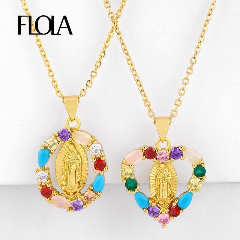 

Pendant Necklaces FLOLA CZ Rainbow Virgin Mary For Women Gold Crystal Heart Pendants Jewelry Virgen De Guadalupe Nkeq371
