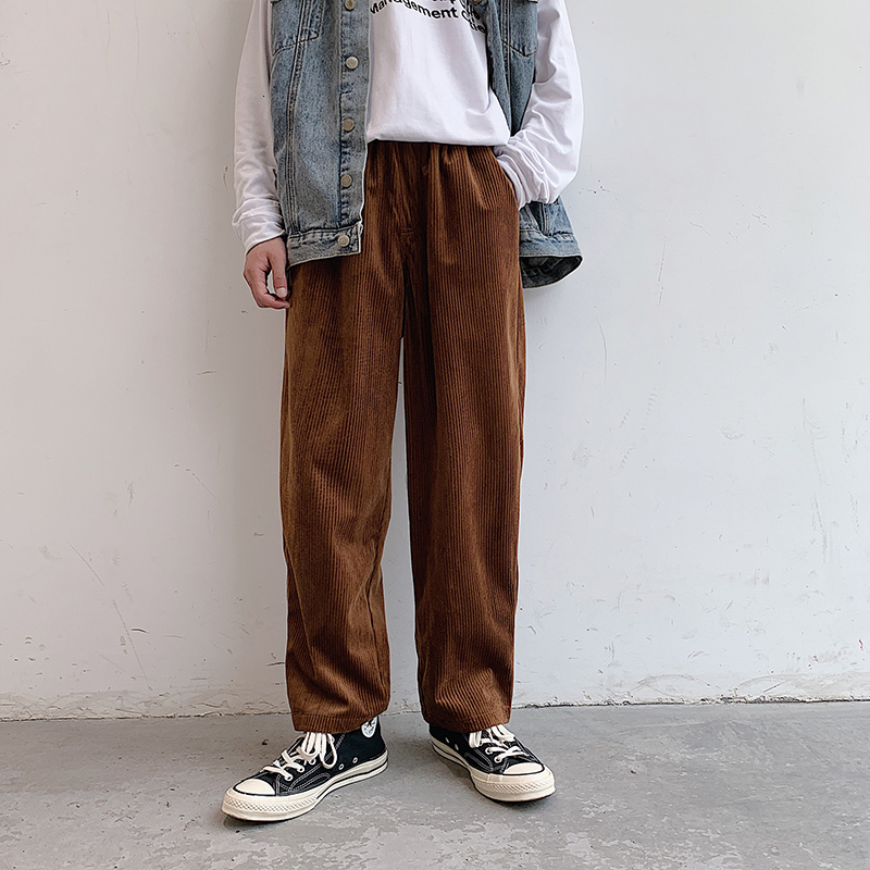 

2021 New Men Vintage Fashion Corduroy Loose Casual Straight Wide Leg Pant Male Women Japan Harajuku Streetwear Hip Hop Harem Trousers Cd94, Black