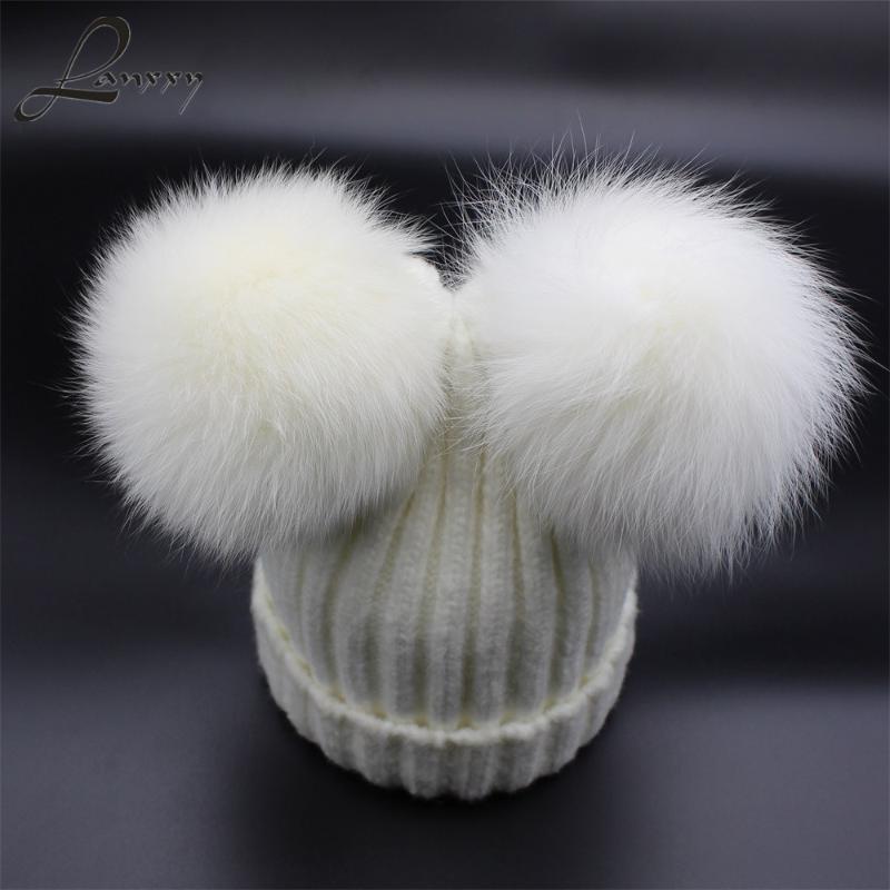 

Lanxxy Real Fur Pompom Hat Women Girls Winter Wool Hats for Women Cute Two Pom Poms Beanies Knitted Skullies Female Cap, White