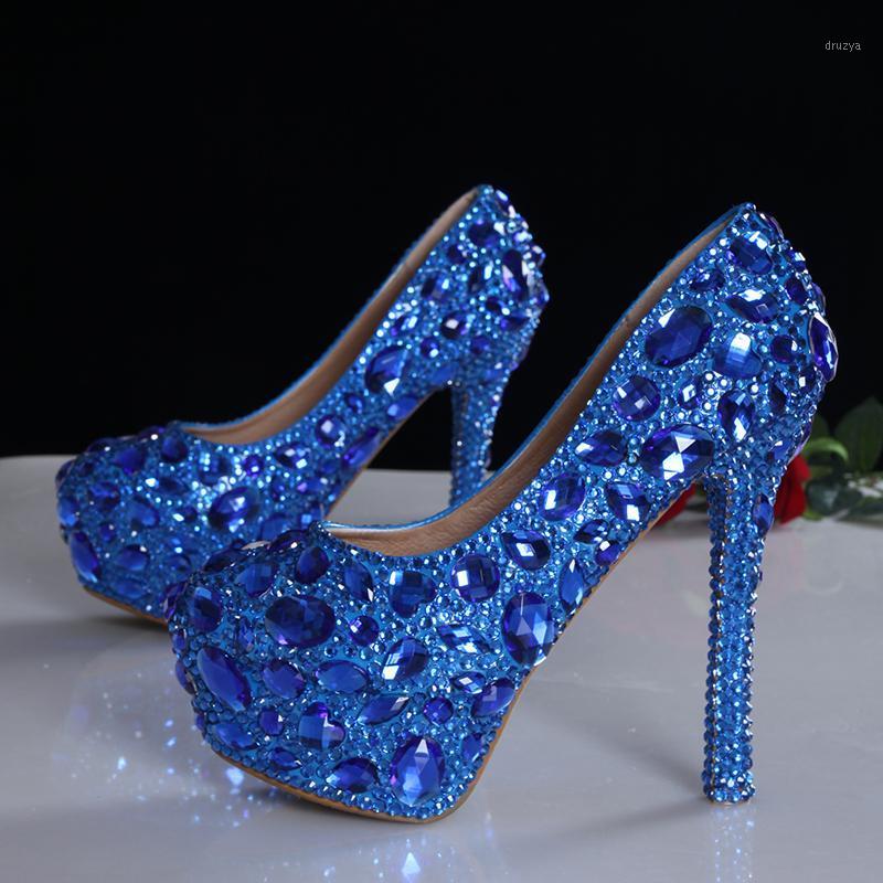 

Platform Pumps Wedding Shoes Blue Woman Crystal High Heels Bride Lady Shoes Party Rhinestone Round Toe Slip On Big Size 431, Blue 14cm heel