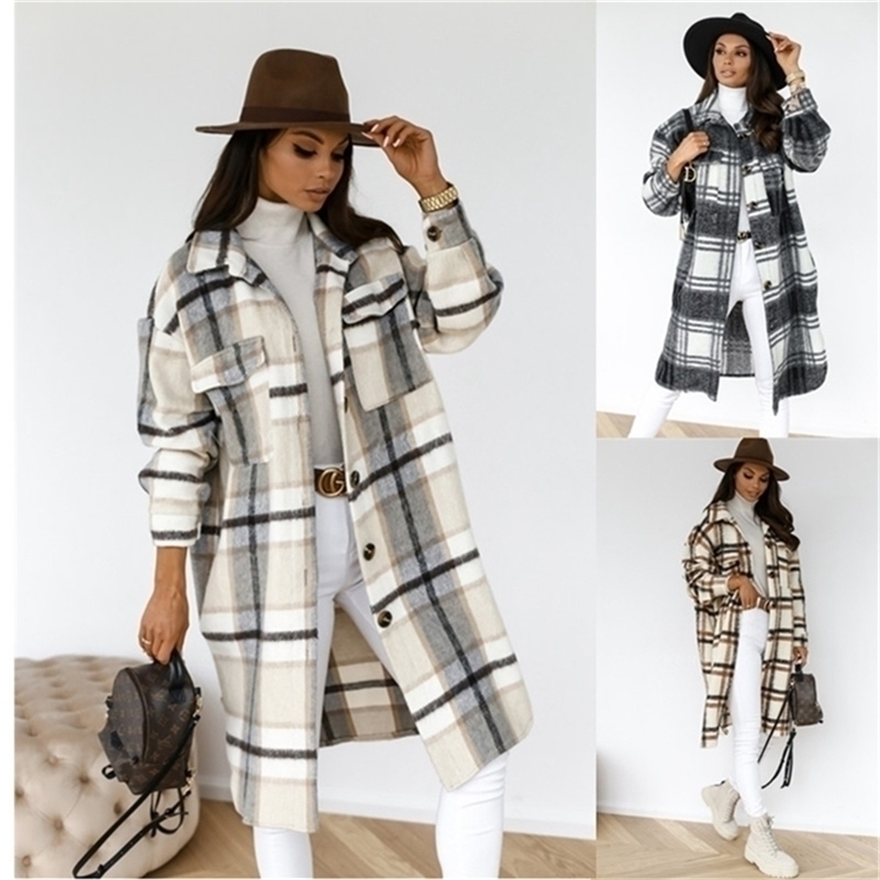 

New Arrivals Winter Checked Women Jacket Down Overcoat Warm Plaid Long Coat Oversize Thick Woolen Blends Female Streetwear 201218, Brown