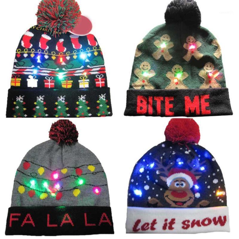 

LED Christmas Beanie Knitted Sweater Warm Christmas Hat Beanie Light Up Hat For Children Adult Cap Gifts Party Kerstmis Caps1