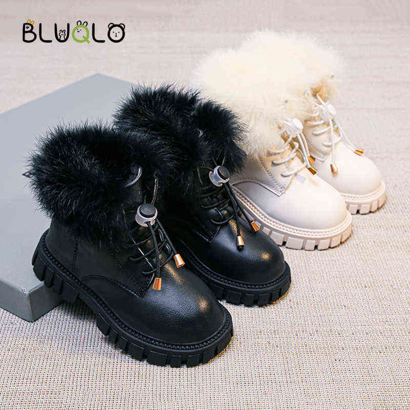 

Winter Plush Warm Girls Fashion Boots Solid PU Leather Faux Fur Short Shoes For Kids Soft Bottom Non Slip Children Ankle Boots X220211, Black