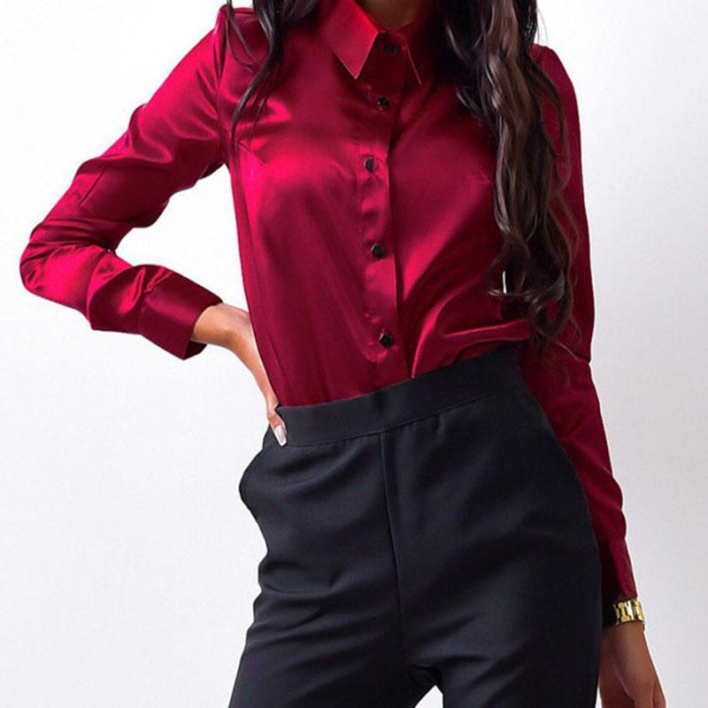 

Casual Solid Female Shirts Outwear Tops 2020 Sping New Women Satin Blouse Office Lady Turn Down Collar Button Loose Clothing, Pink
