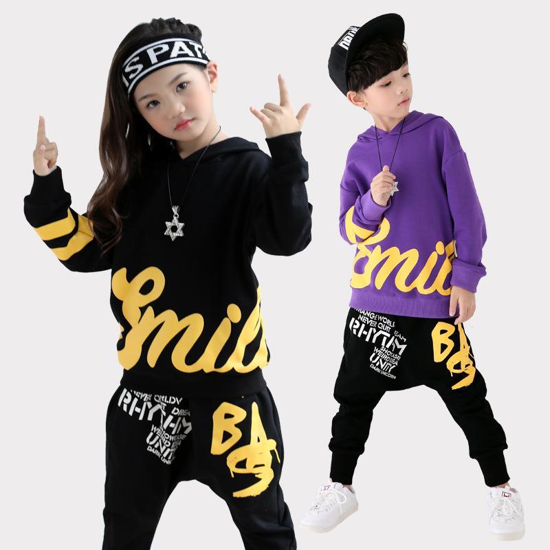

100% Cotton KIds Children Ballroom Print Modern Jazz Hip Hop Dance-wear Boys Dance Costumes Top&Pants For 4-12 Years1, Black