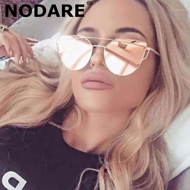 

NODARE Fashion Ladies Cat Eye Sunglasses For Women Brand Design Twin-Beams Pink Sun Glasses Metal Rose Gold Mirror Female oculos1