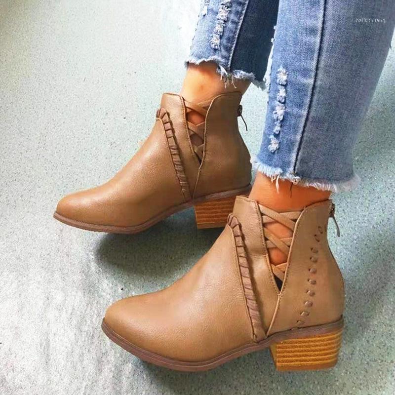 

Women's Ankle Boots Woman Low Heels Women Comfortable Hoolow Heels Ladies Slip-on Zip Footwear Female Fashion Round Toe Shoes1, Khaki