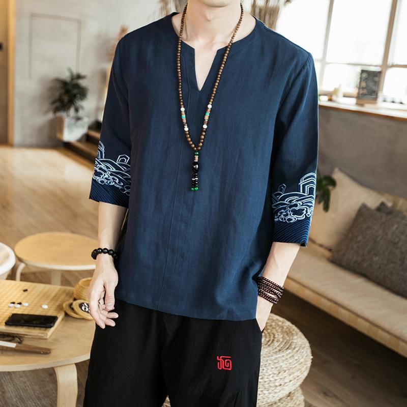 

Men Casual Cotton Shirt 2020 Mens Print Chinese Style Streetwear Fashions White Male Shirts Summer Clothes, Blue