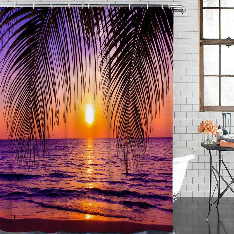 

Bathroom Curtain Beach Sun Plant Leaves Waterproof Fabric Shower Curtain Bathroom Decoration Shower &12 Hook1