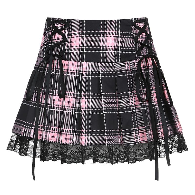 

Autumn Japanese Harajuku Hot Girl Kawaii Pink Plaid Lace Bandage Skirts Streetwear Fashion Sweet Punk High Waist Mini Skirt New, Top
