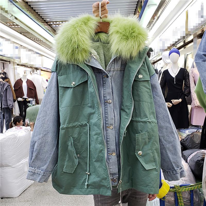 

Green Pink Winter Fall Fleece Liner Denim Jacket Women Slim Faux Fur Collar Detectable Denim Coat Female Jean Jacket Windbreaker, Gray