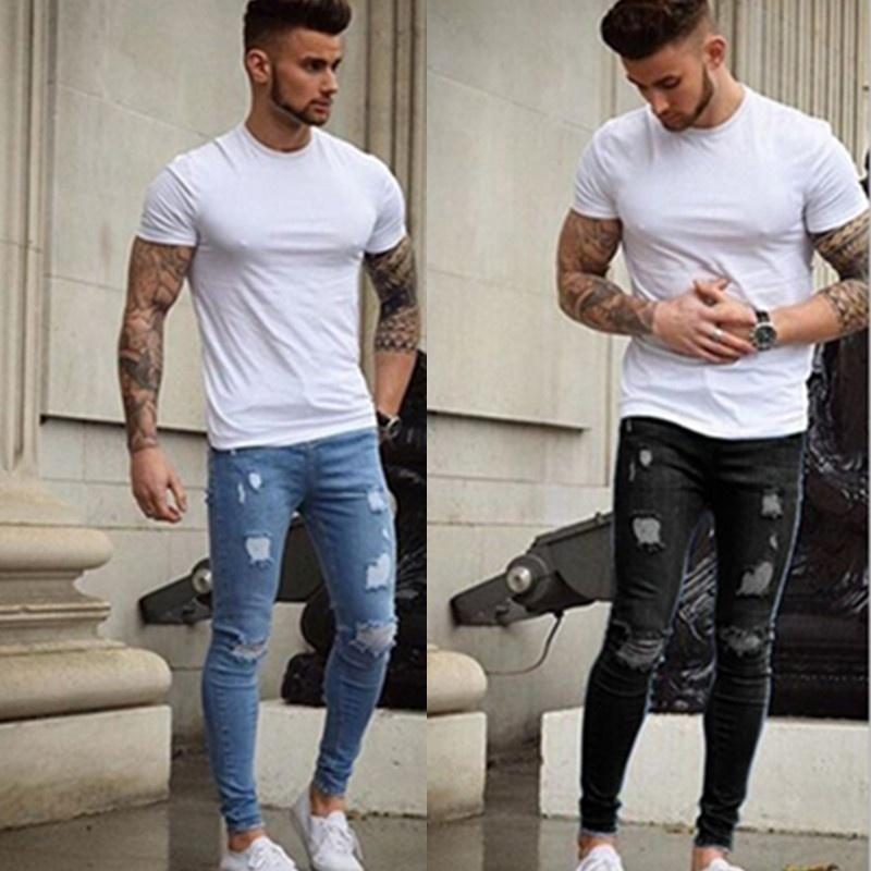 

Men Jeans Ripped Sknny Jeans Men Clothing Slim Skinny Hole Casual Denim Pants Casual Jogger Ropa Hombre, Blue