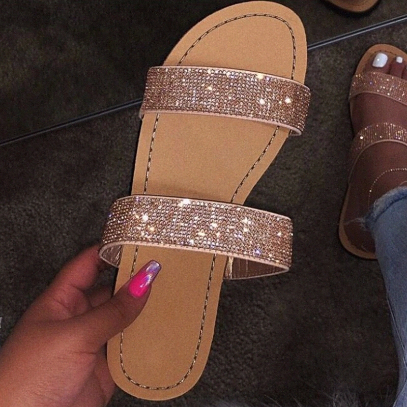 

Rhinestone Sandals 2020 Summer Ladies Slipper Flat Sandals Open Toe Dress Women's Beach Sandals Shoes Plus Size Female Slides #Yt8R, Black