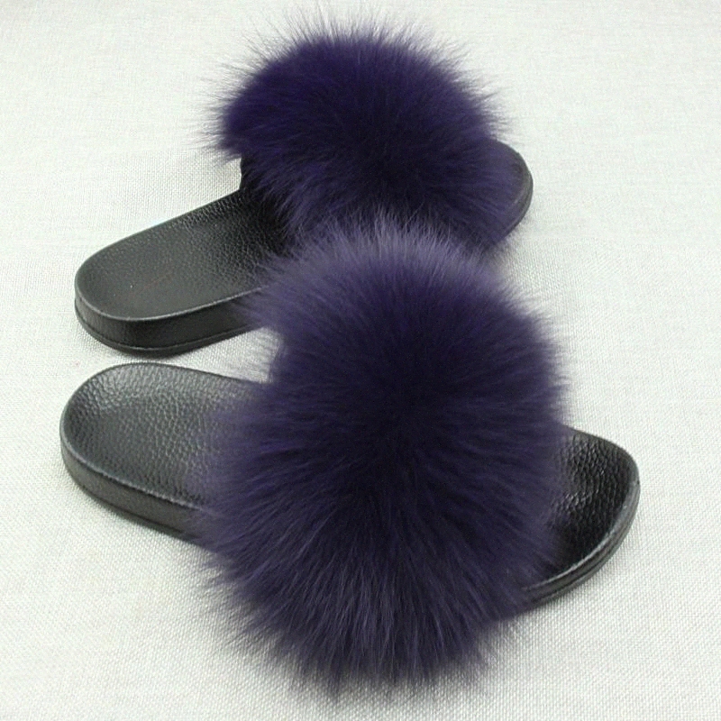 

Yu Kube Real Fox Fur Slides Plus Size Summer 2020 Open Toe Fluffy Real Hair Slippers Casual Black Slip On Flip Flops Furry Shoes #i41n