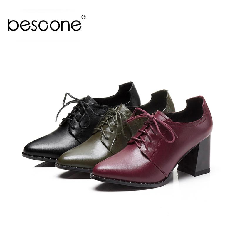

BESCONE Top Quality Pumps Elegant Genuine Leather Handmade Pointed Toe Pumps Comfortable Lace Up High Square Heel Lady BO3, Black