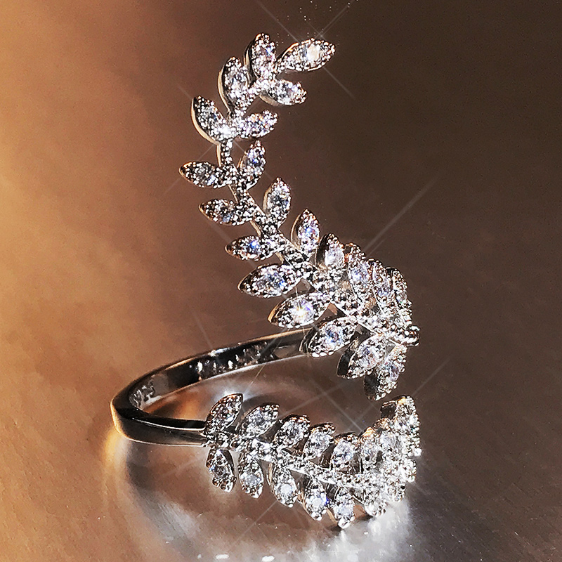 

Februaryfrost Brand Graceful Leaves Both End of Open Ring Silver Color Girl Cocktail Party Rings Shine Crystal Zircon Fashion Women Jewelry